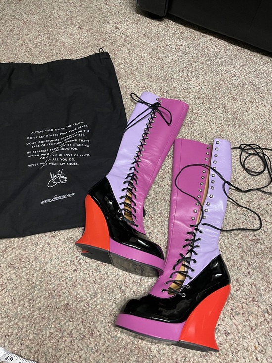 John Fluevog Shoes - John fluevog grand national purple/Black Lace-Up Wedge Boots with Red Heel